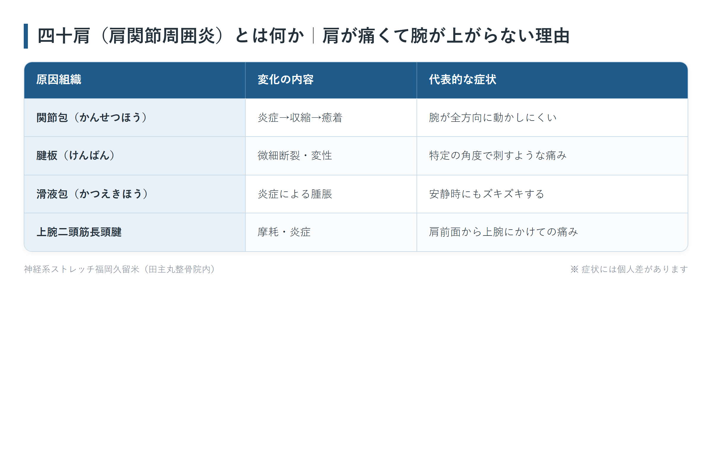 四十肩(肩関節周囲炎)とは何か|肩が痛くて腕が上がらない理由の一覧表。関節包(かんせつほう)、腱板(けんばん)、滑液包(かつえきほう)、上腕二頭筋長頭腱の4パターンについて、変化の内容と代表的な症状をまとめた図。
